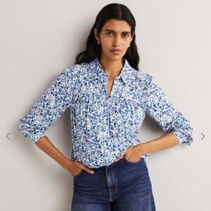 Boden Gathered Detail Shirt Dusty Blue, Floret Meadow 6R NWT